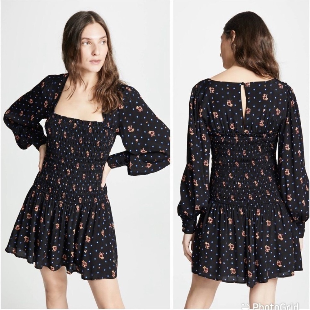 Free People “Two Faces” Black Floral Star-Print Smocked long sleeve Mini Dress